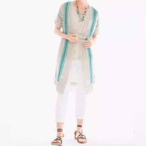 Chico's 100% Linen Open Crochet Knit Cardigan Beige Teal Fringe Hem Boho Sz 1(M)